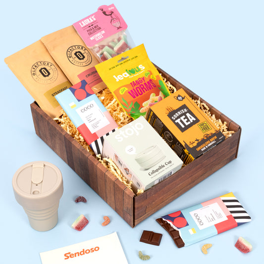 Luxury gift hamper with Stojo collapsible mug and treats